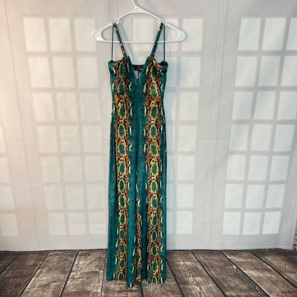 Fashion Nova Green Gold Spaghetti Strap Velvet Snake Print Jumpsuit Size XS